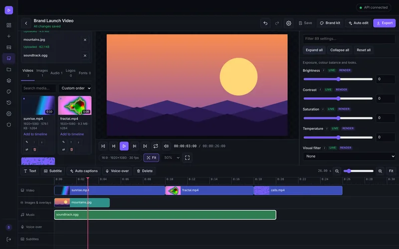 Editing controls for brightness, contrast, saturation and temperature next to the preview.